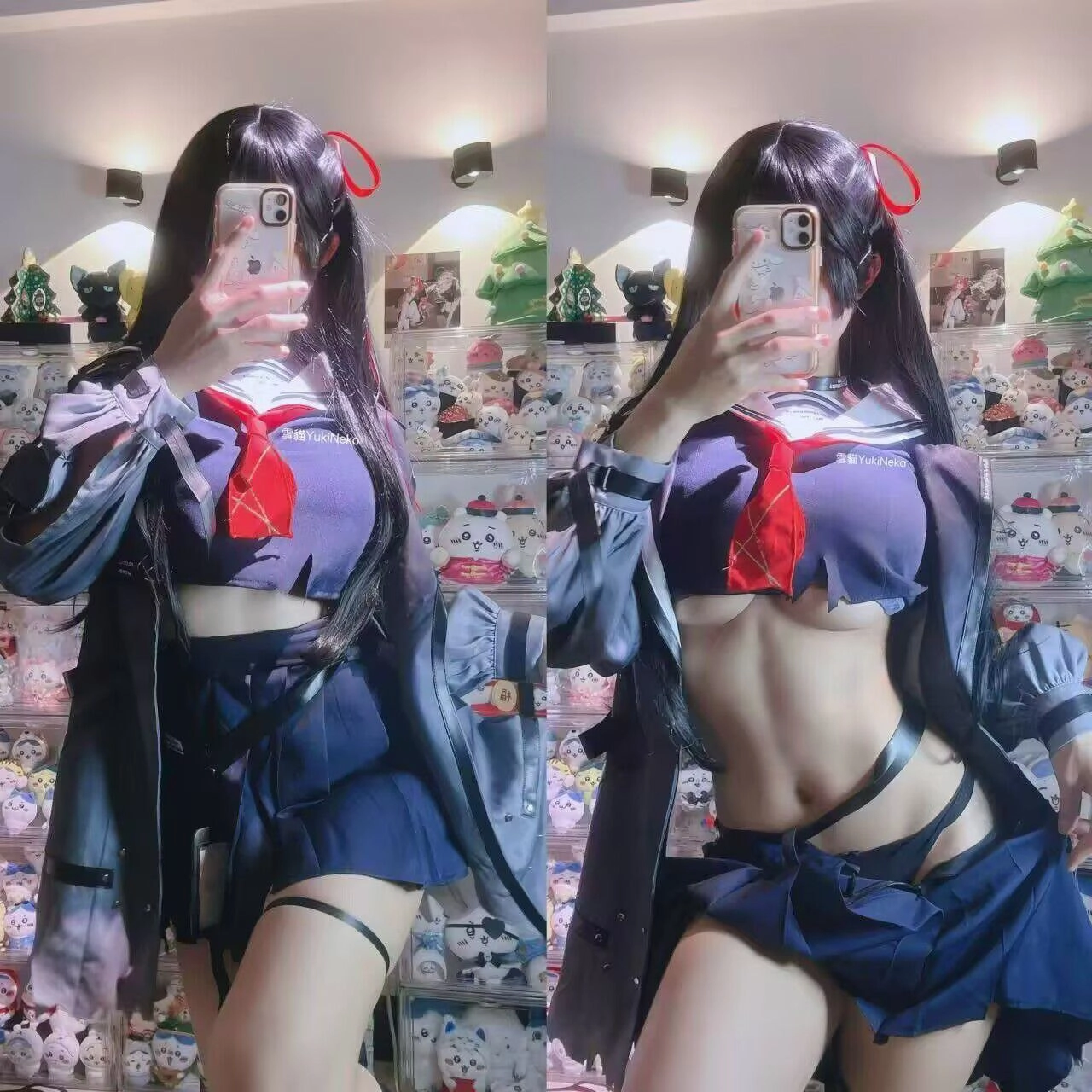 穿着水手服的女人拍了一张自拍。