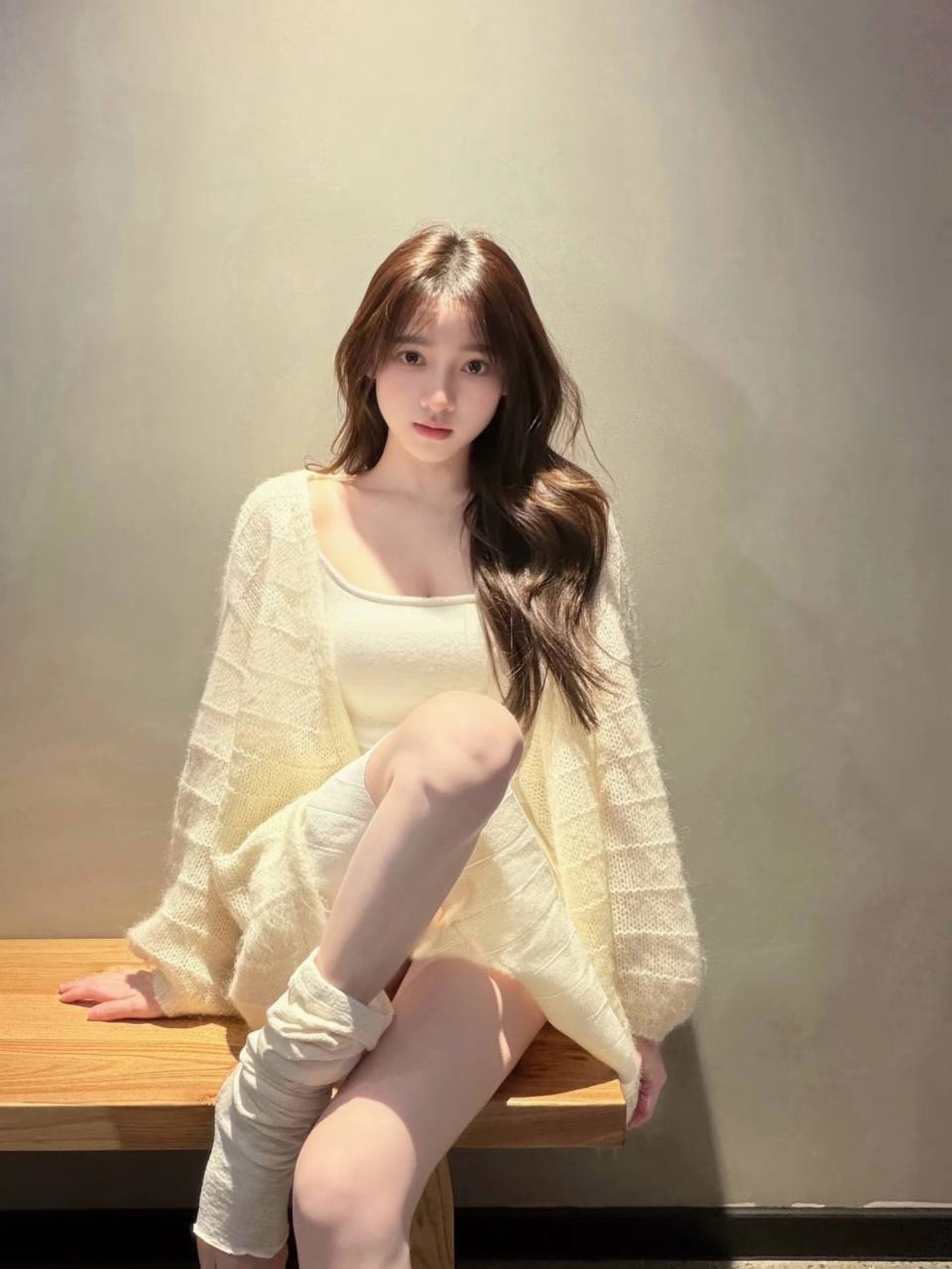 穿白色衬衫的女人坐在一个凳子上。