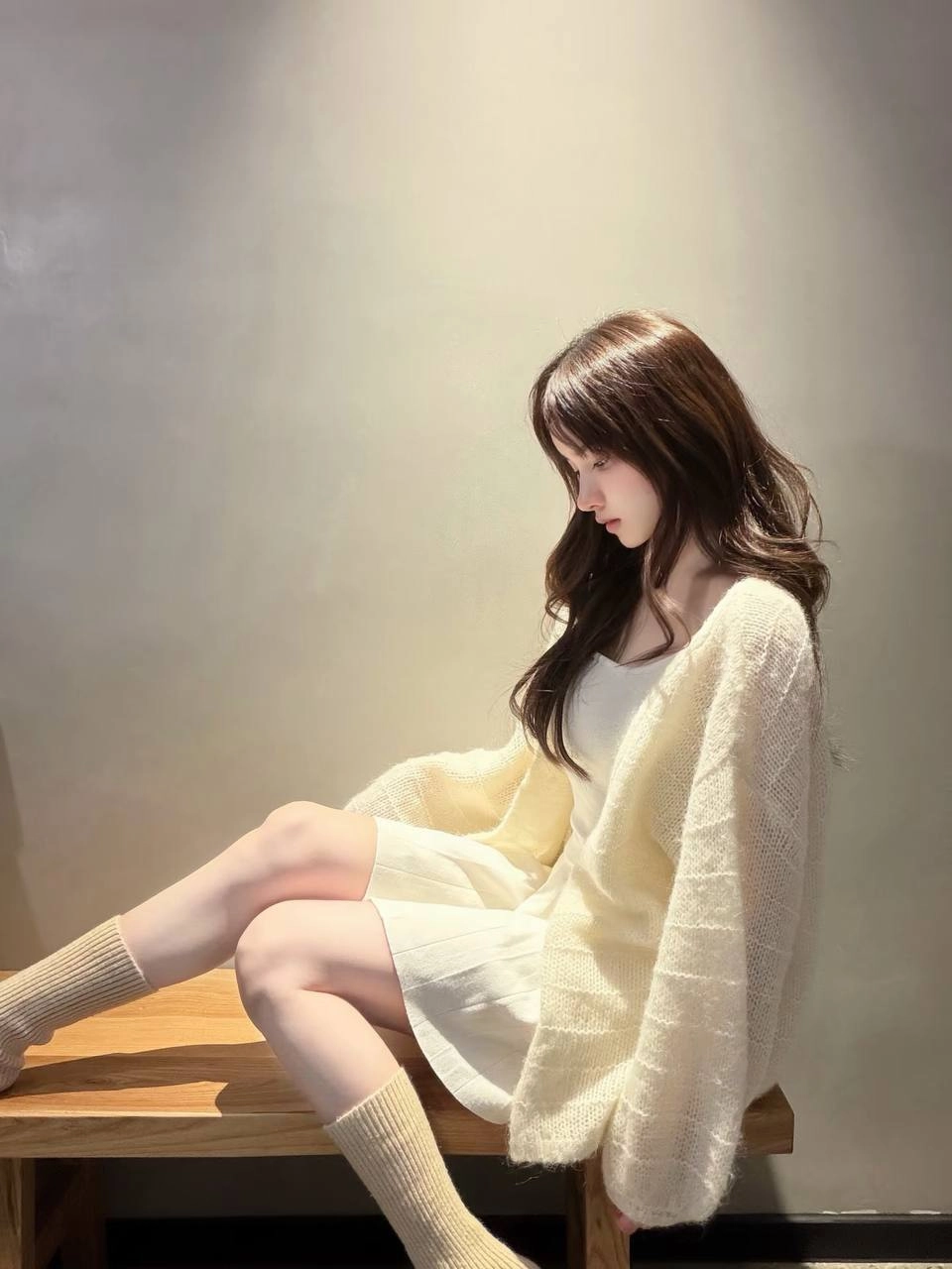 穿白色衬衫的女人坐在一个凳子上。