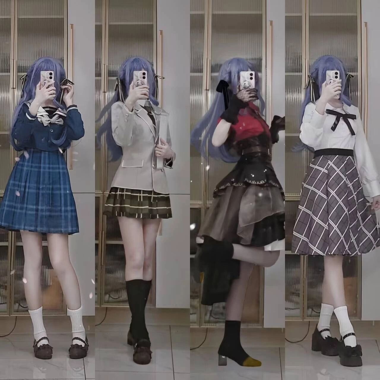 四个女人穿着不同的服装,拍自拍。