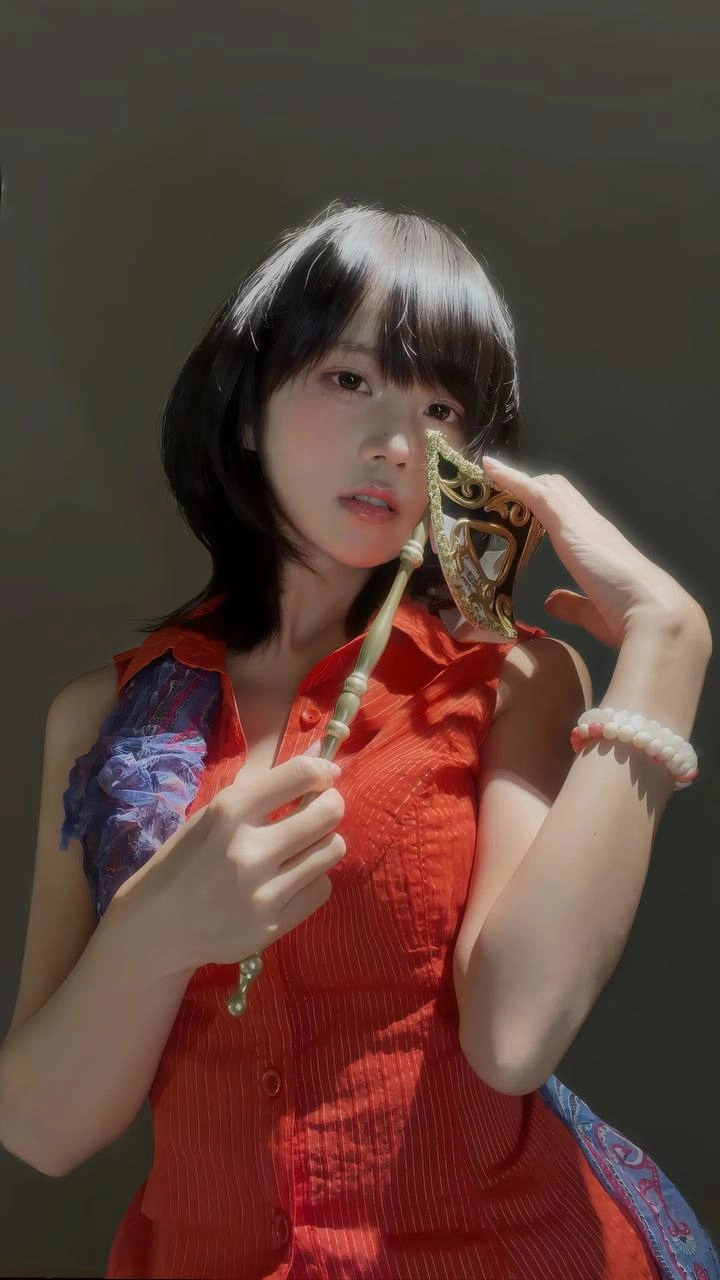 穿着红色衬衫和面具的女人。