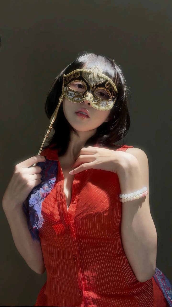 穿着红色衬衫和面具的女人。