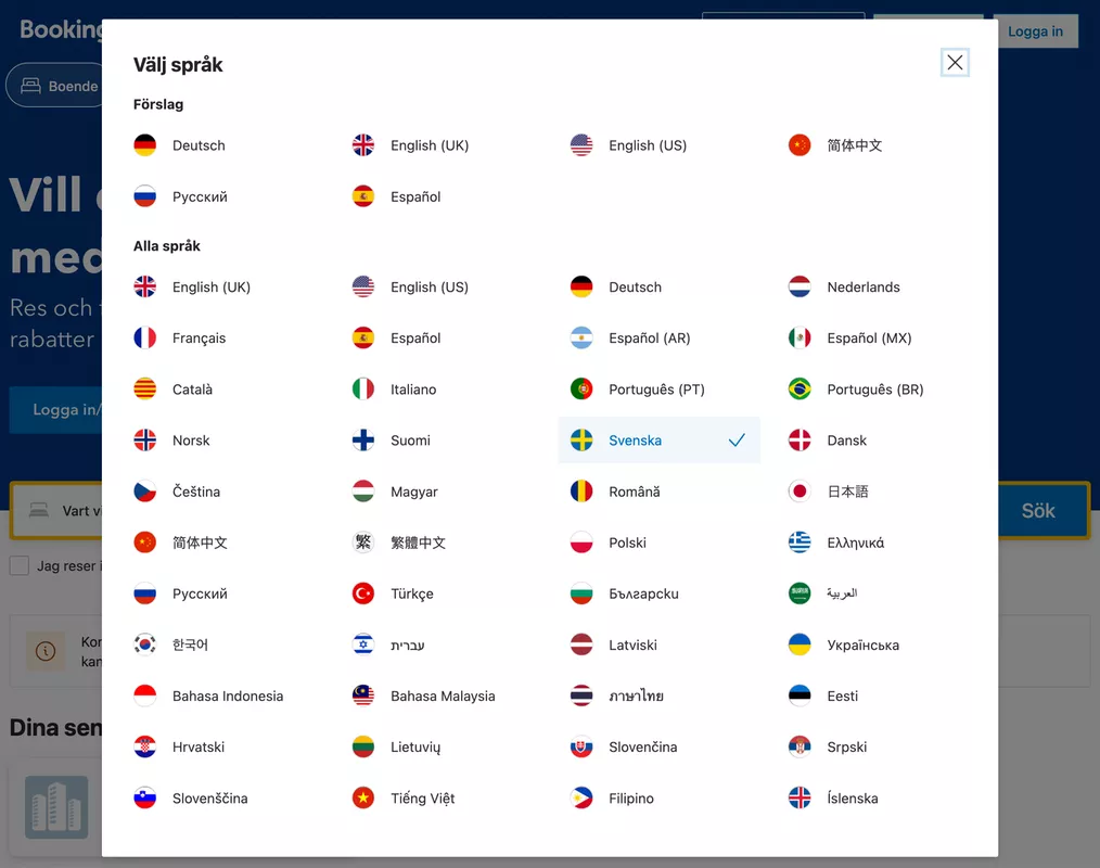 Booking's language menu is using a modal pop-up box.