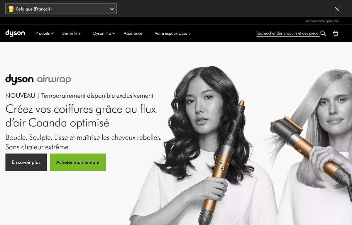 There is a language selection drop-down menu at the top of the page at Dyson.be.