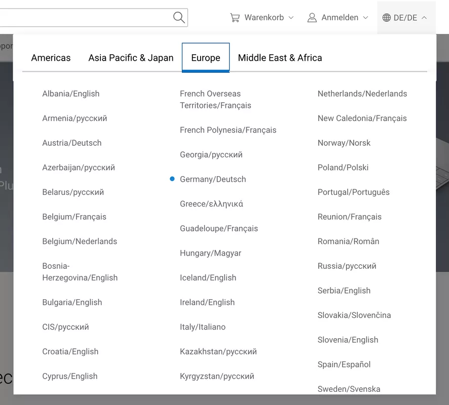 Dell splits regions by geography into separate tabs.