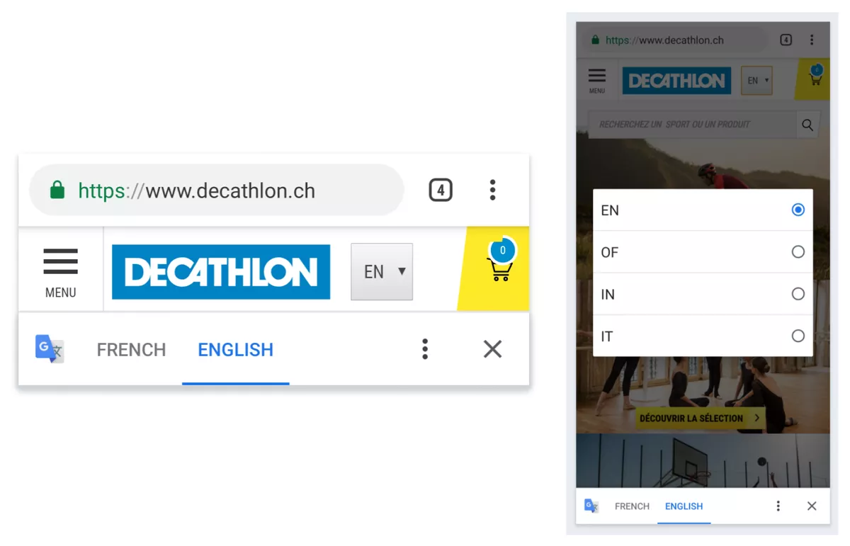 The rather surprising language options on Decathlon Mobile (pictured right).