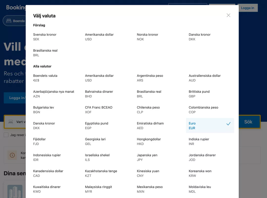 Booking's currency picklist, with the most common currencies listed at the top.