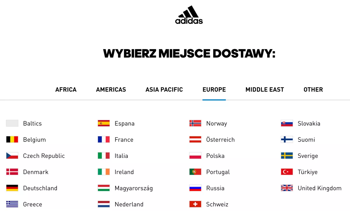 Delivery location and language selection are tightly bound on Adidas and it is not possible to adjust the country region and preferred language separately.