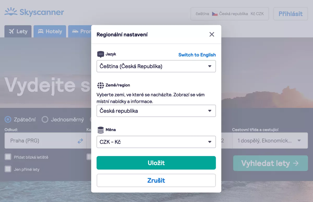 Language, location and currency on Skyscanner are all separate options from each other, displayed in the same modal popup box.