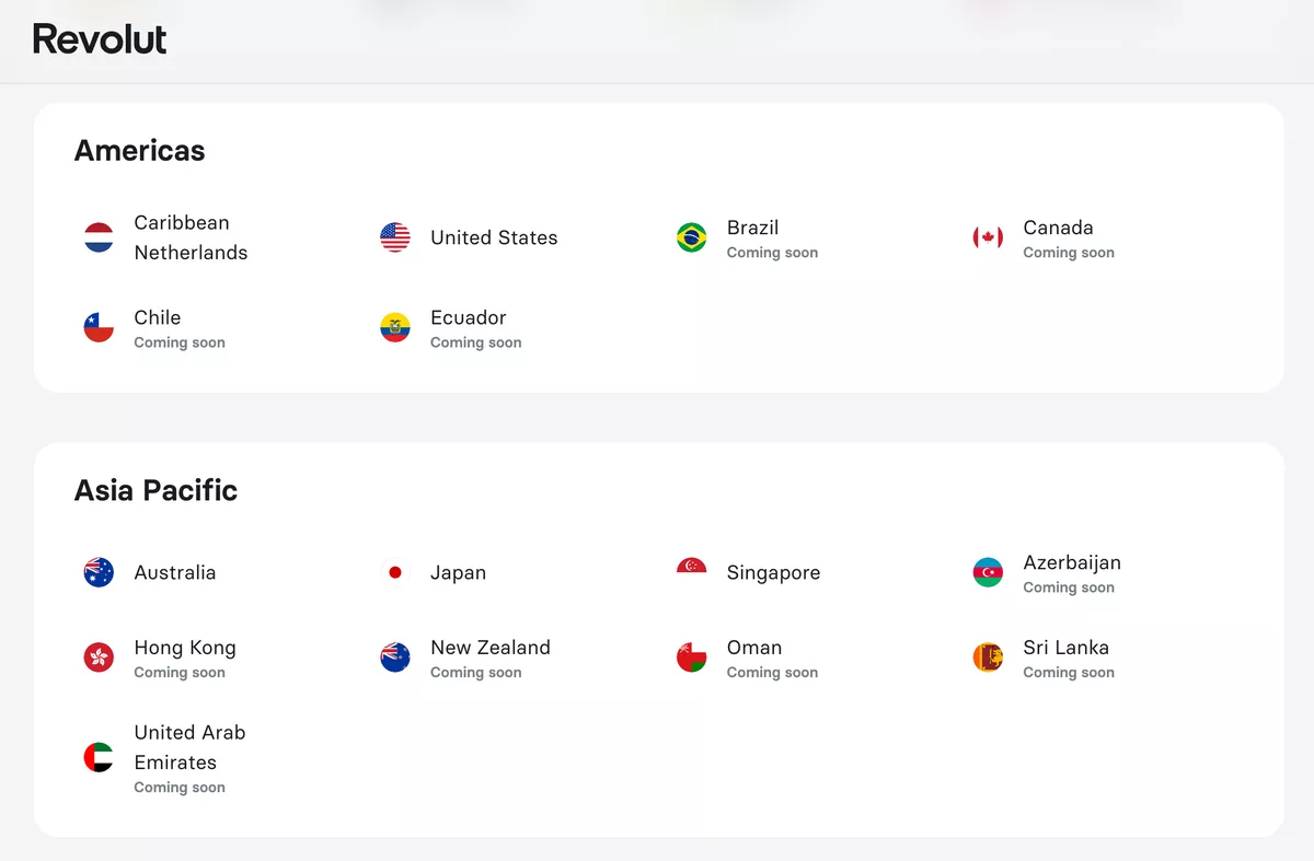 Revolut shows all available region options on a dedicated page.