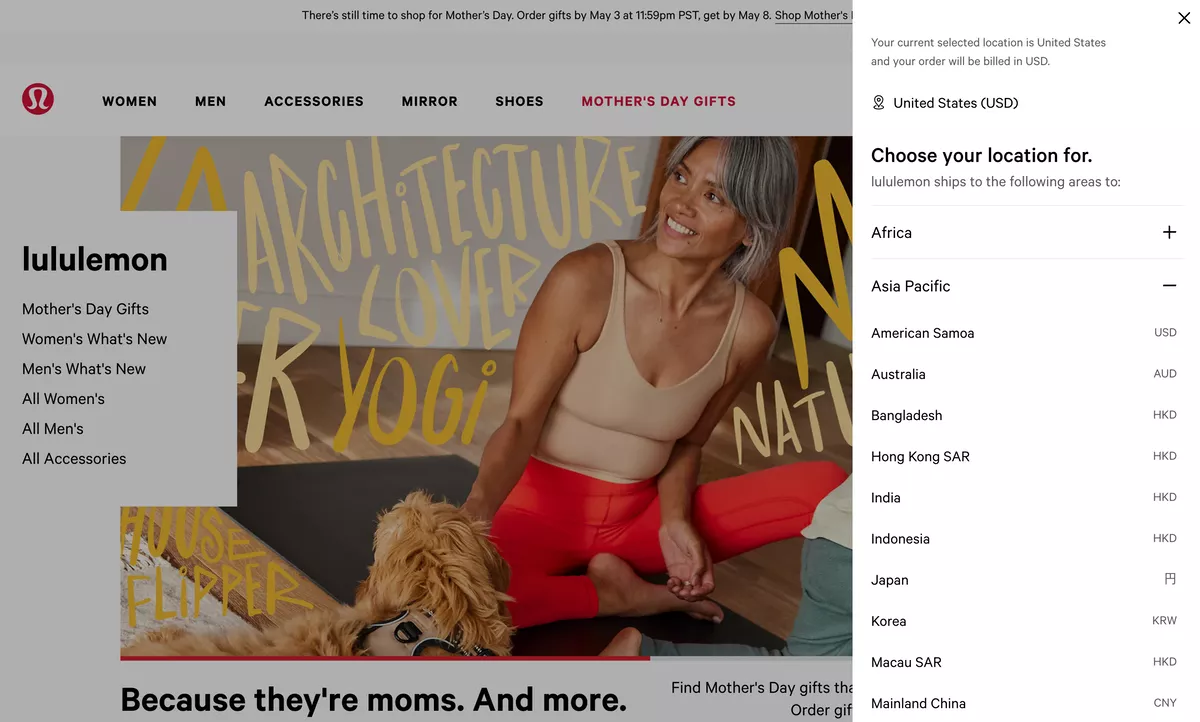 The official Lululemon website has a sidebar floating layer on the right side for selecting the currency to be displayed. Language selection is done with a separate drop down menu.