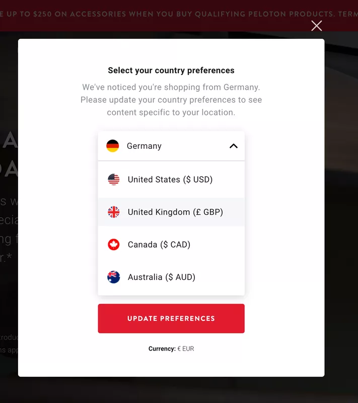 Peloton provides country/region preference options via a modal pop-up box when users enter the site.