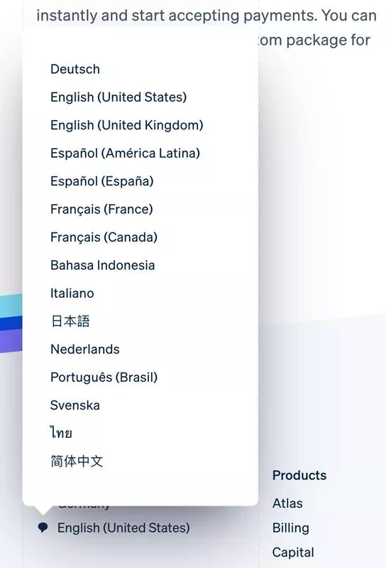 Every language on Stripe is written in native style, no flags are used.