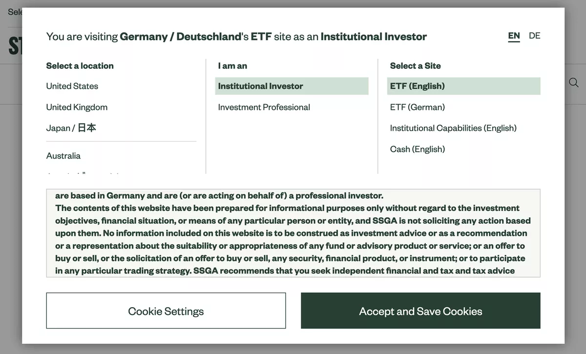 State Street Global Investment Management not only offers location options, but users can also choose their identity and the type of website available.