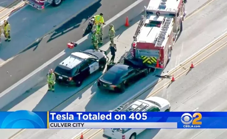A Tesla Model S sedan with Autopilot on impacts a fire truck responding to another crash in Culver City, California in 2018, narrowly missing injuries Photo Credit: KCBS-TV